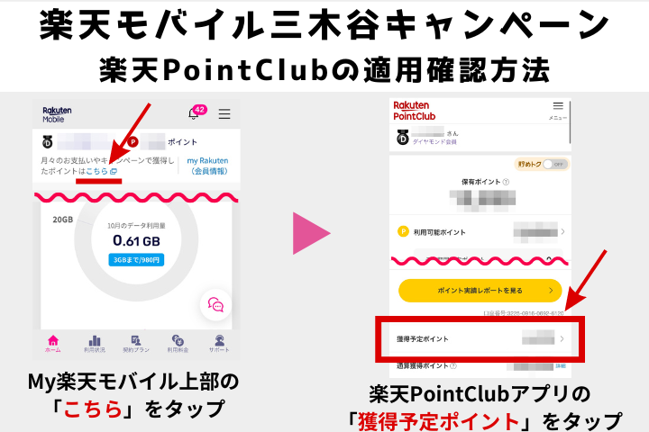 My楽天モバイル・楽天PointClubアプリから確認